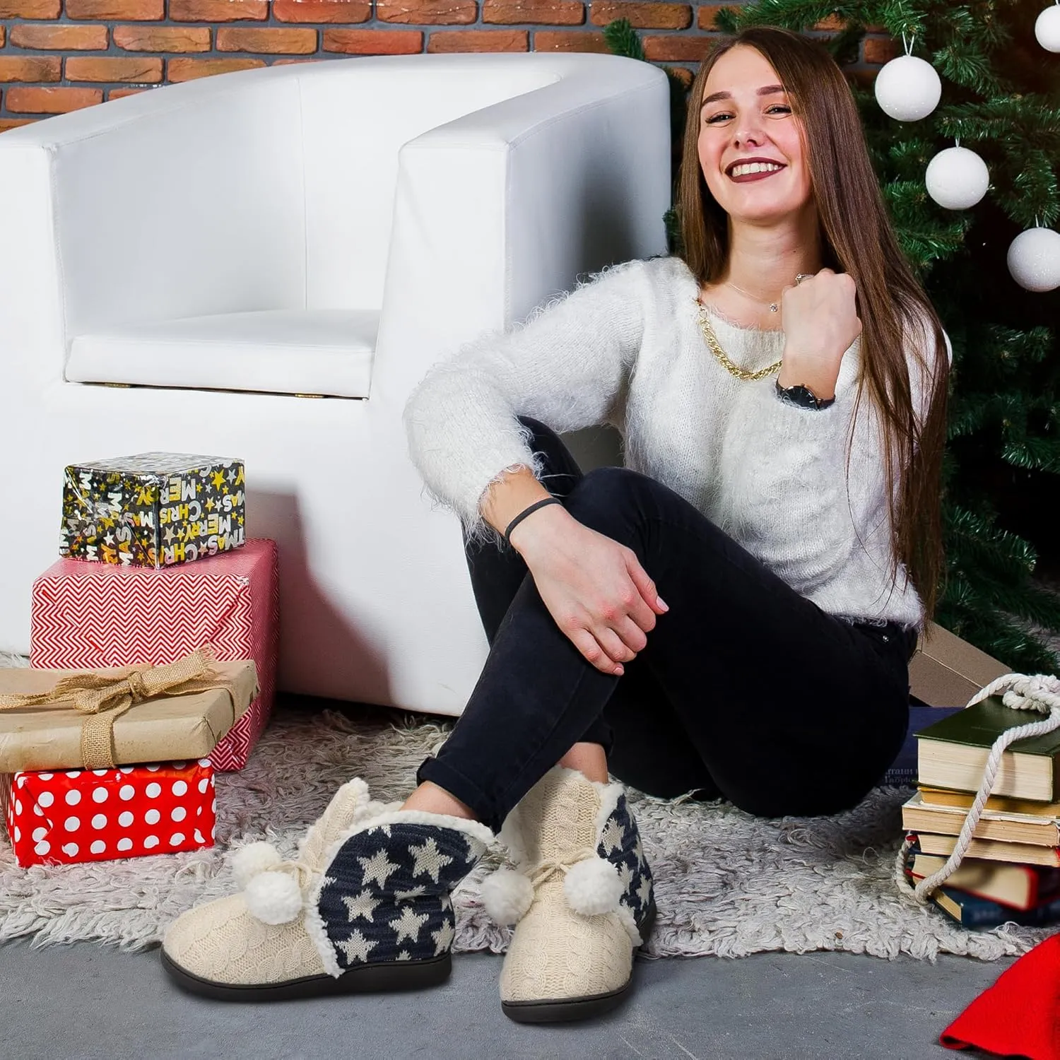 MIXIN Women Comfort Warm Fluffy Faux Fur Slipper Boots Soft Memory Foam Ankle Booties House Pull on Shoes Anti-Slip Sole Indoor Outdoor