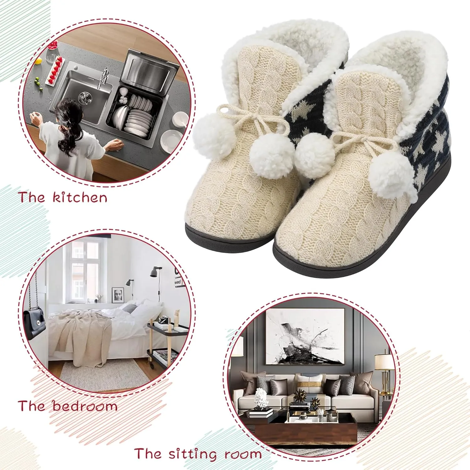 MIXIN Women Comfort Warm Fluffy Faux Fur Slipper Boots Soft Memory Foam Ankle Booties House Pull on Shoes Anti-Slip Sole Indoor Outdoor