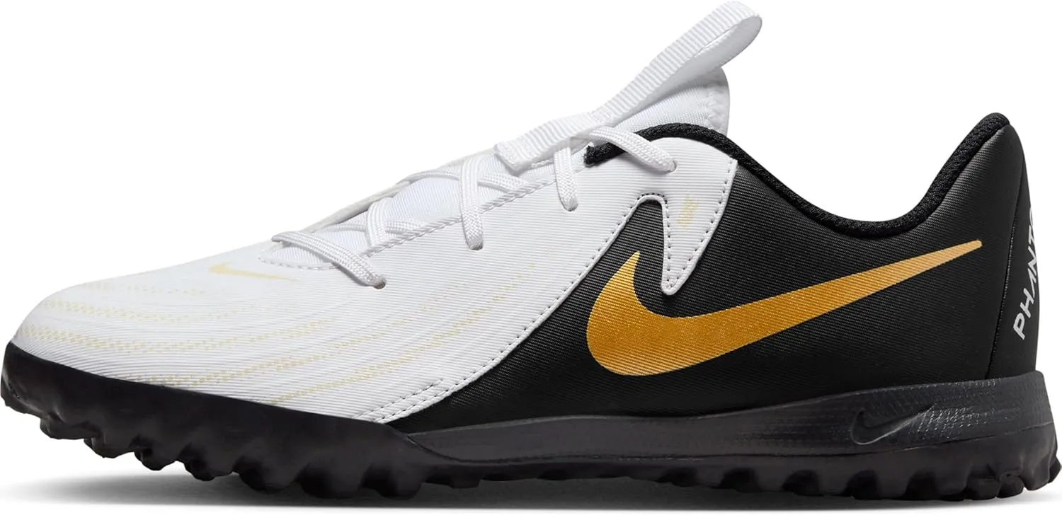 Nike Jr. Phantom GX 2 Academy Little/Big Kids' TF Soccer Shoes (FJ2608-100, White/Metallic Gold Coin/Black) Size 4.5