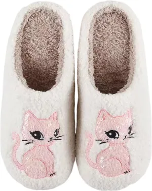 Pink Cat Slippers for Womens Men Animal Slippers Winter Indoor Fuzzy House Shoes