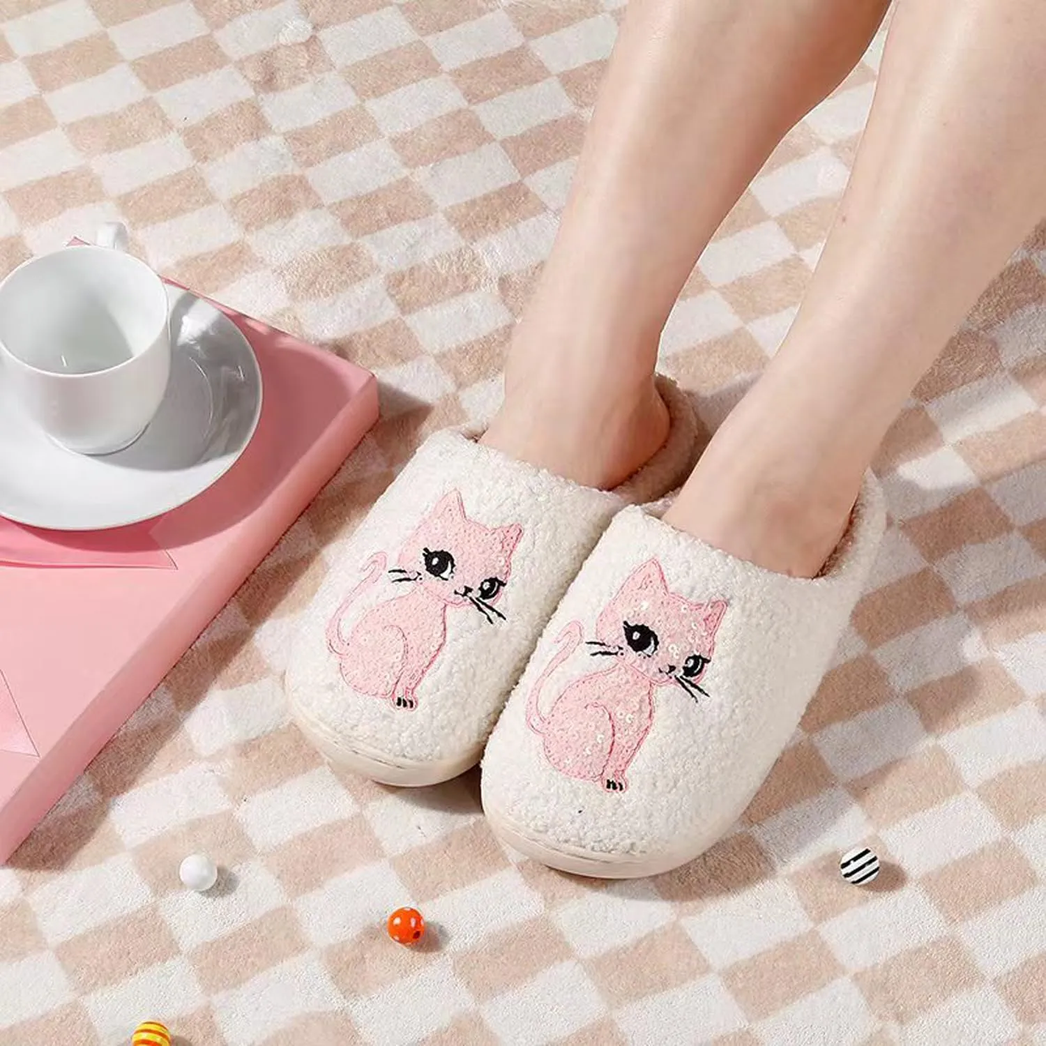 Pink Cat Slippers for Womens Men Animal Slippers Winter Indoor Fuzzy House Shoes