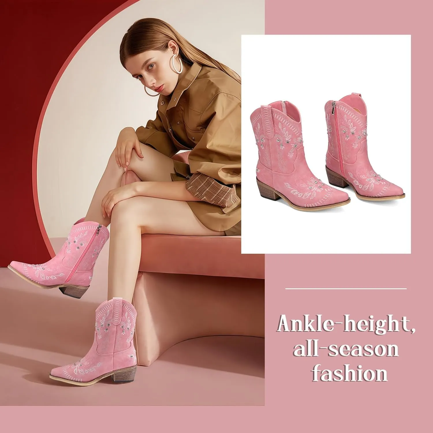 Rhinestone Ankle Cowboy Boots for Women Embroidered Short Cowgirl Boots With Low Heel Side Zipper Comfortable Chunky Heels Western Booties For Prom Party Wedding Pull On Shoes