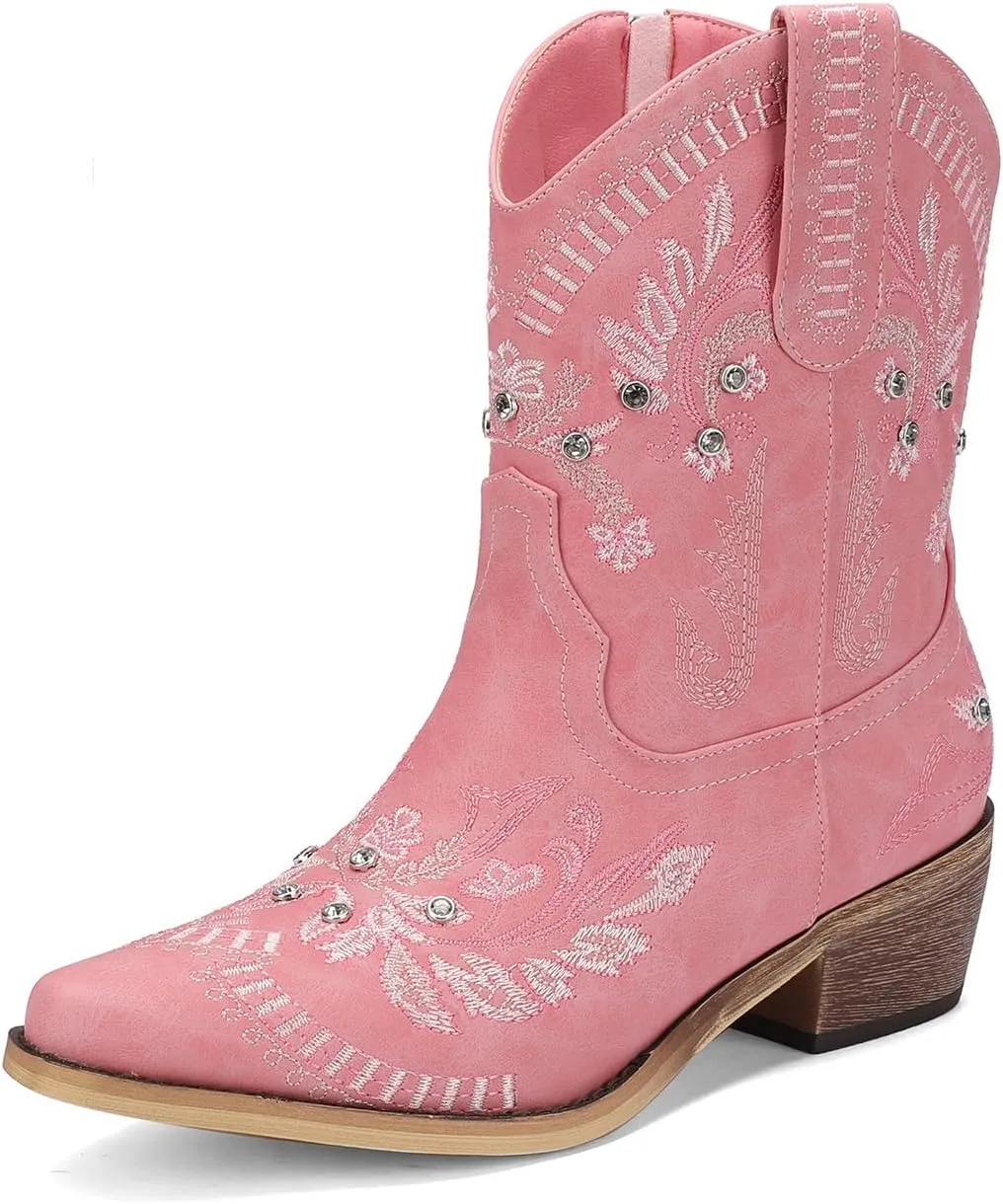 Rhinestone Ankle Cowboy Boots for Women Embroidered Short Cowgirl Boots With Low Heel Side Zipper Comfortable Chunky Heels Western Booties For Prom Party Wedding Pull On Shoes