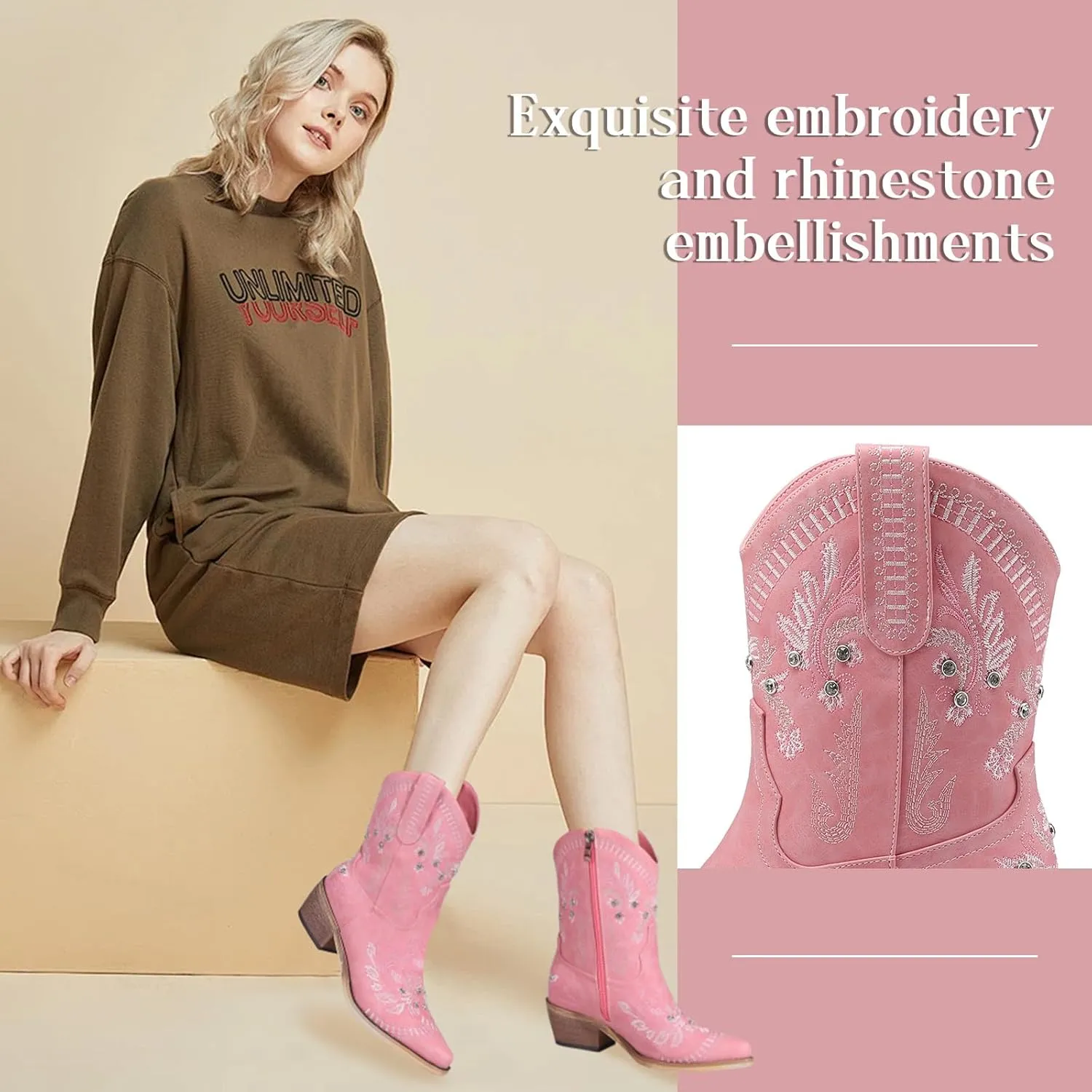Rhinestone Ankle Cowboy Boots for Women Embroidered Short Cowgirl Boots With Low Heel Side Zipper Comfortable Chunky Heels Western Booties For Prom Party Wedding Pull On Shoes