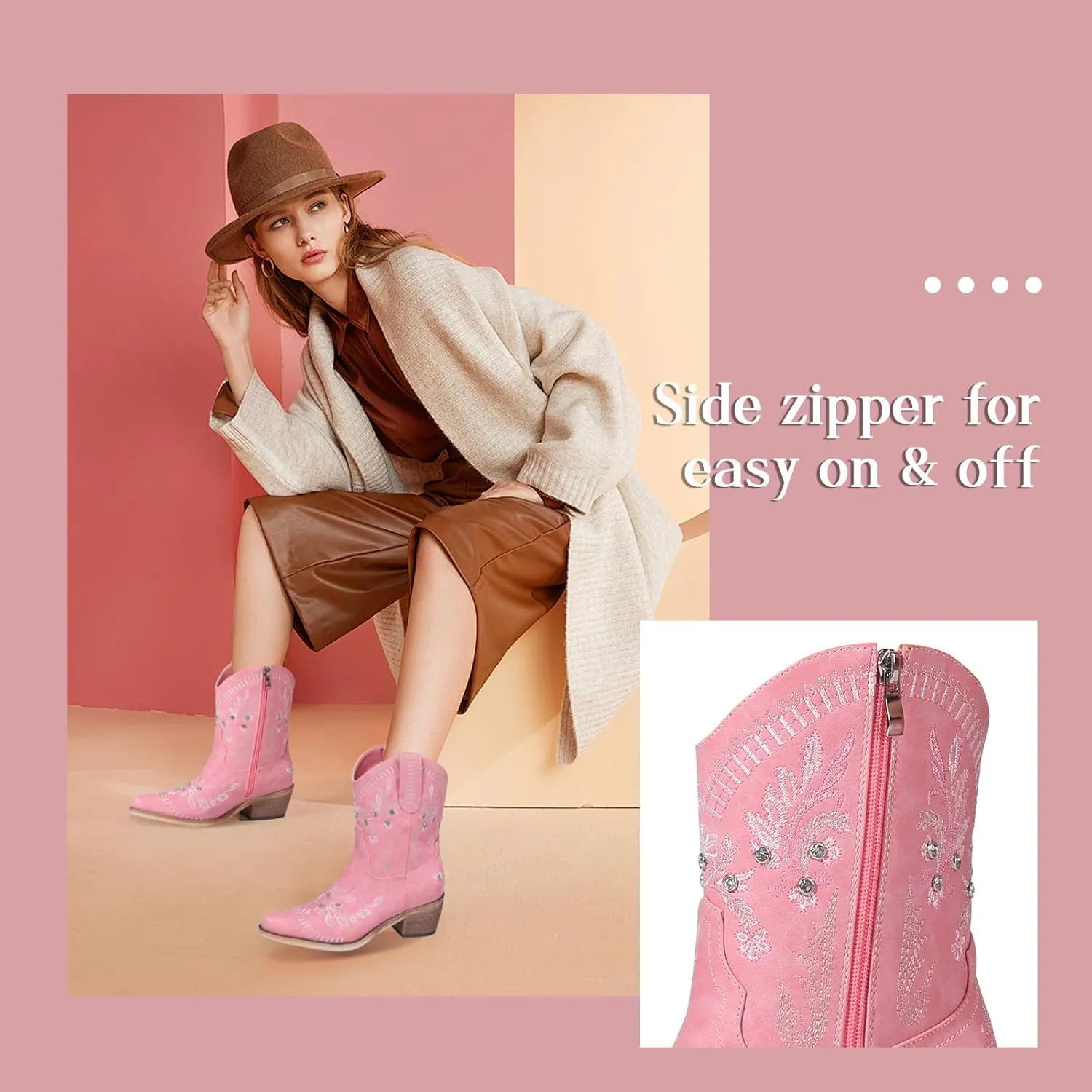 Rhinestone Ankle Cowboy Boots for Women Embroidered Short Cowgirl Boots With Low Heel Side Zipper Comfortable Chunky Heels Western Booties For Prom Party Wedding Pull On Shoes