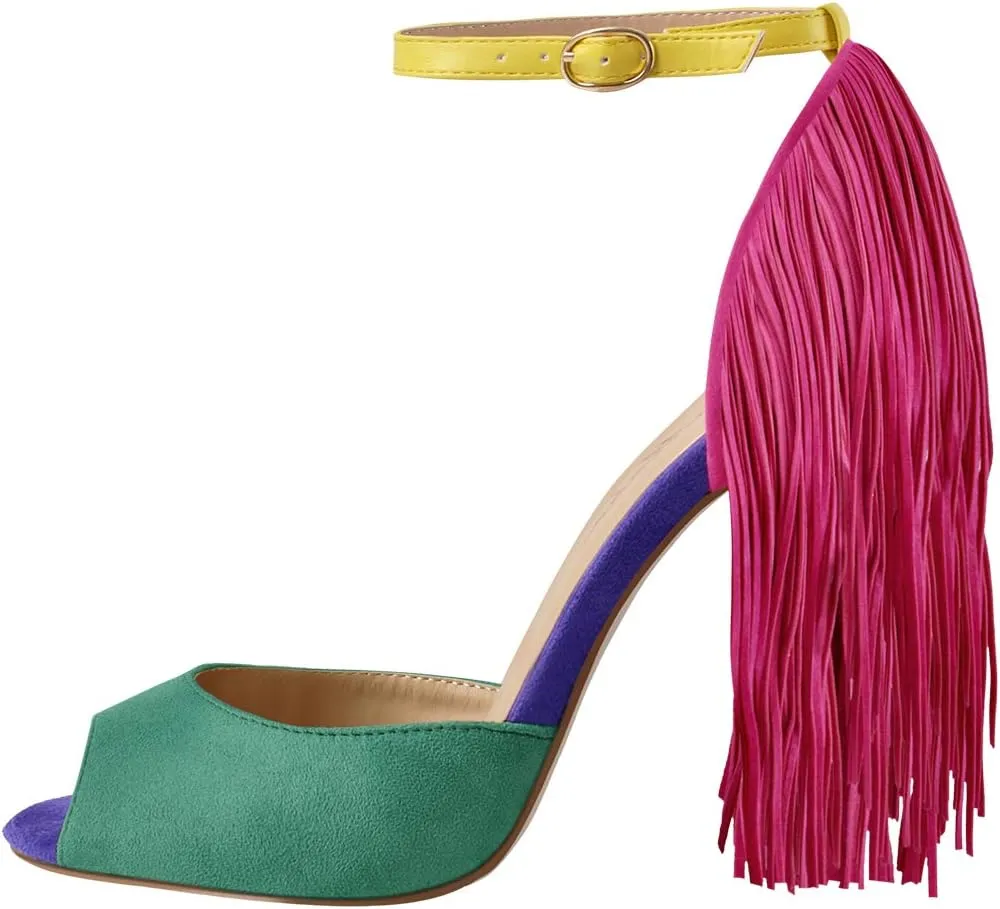 Richealnana Women's Fringe Ankle Strap Peep Toe Heeled Sandals Stiletto Heel Party Prom Shoes