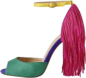 Richealnana Women's Fringe Ankle Strap Peep Toe Heeled Sandals Stiletto Heel Party Prom Shoes
