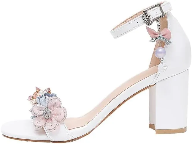 Sweet White Girly High Heels Straight Buckle Strap Faux Pearl Decorative Light Sandals Summer