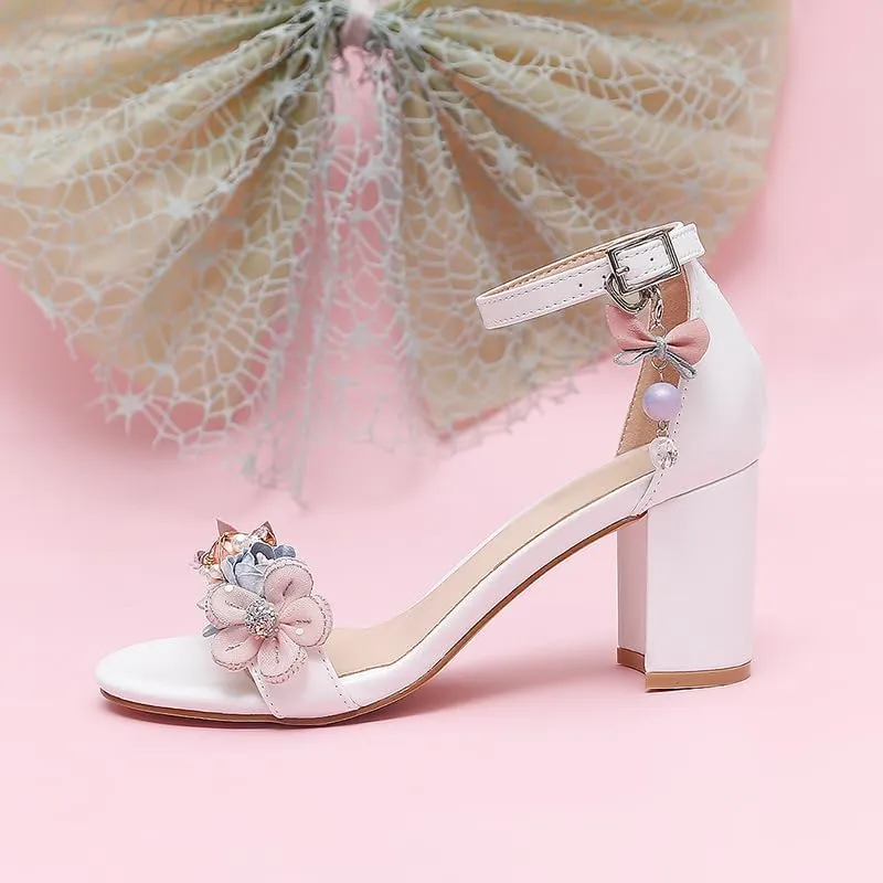 Sweet White Girly High Heels Straight Buckle Strap Faux Pearl Decorative Light Sandals Summer