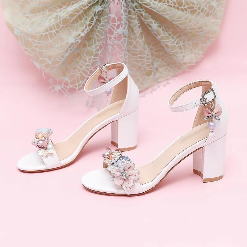 Sweet White Girly High Heels Straight Buckle Strap Faux Pearl Decorative Light Sandals Summer
