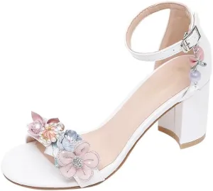 Sweet White Girly High Heels Straight Buckle Strap Faux Pearl Decorative Light Sandals Summer