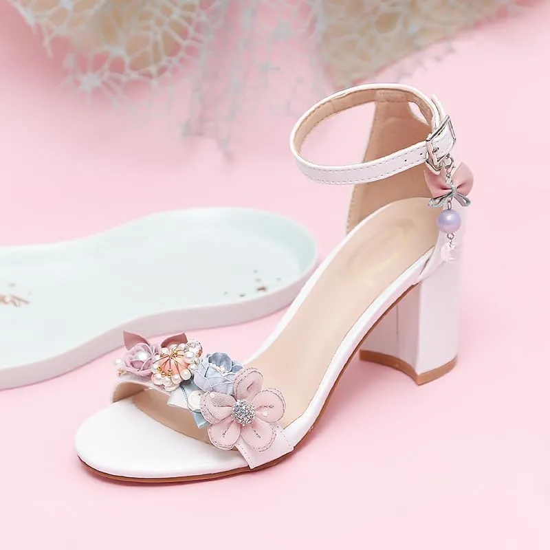 Sweet White Girly High Heels Straight Buckle Strap Faux Pearl Decorative Light Sandals Summer