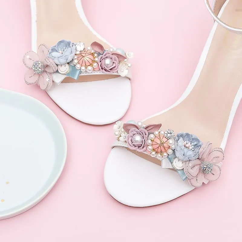 Sweet White Girly High Heels Straight Buckle Strap Faux Pearl Decorative Light Sandals Summer