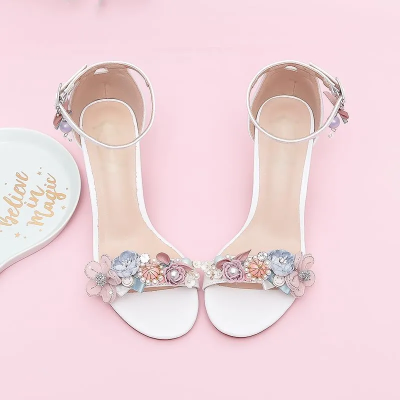 Sweet White Girly High Heels Straight Buckle Strap Faux Pearl Decorative Light Sandals Summer
