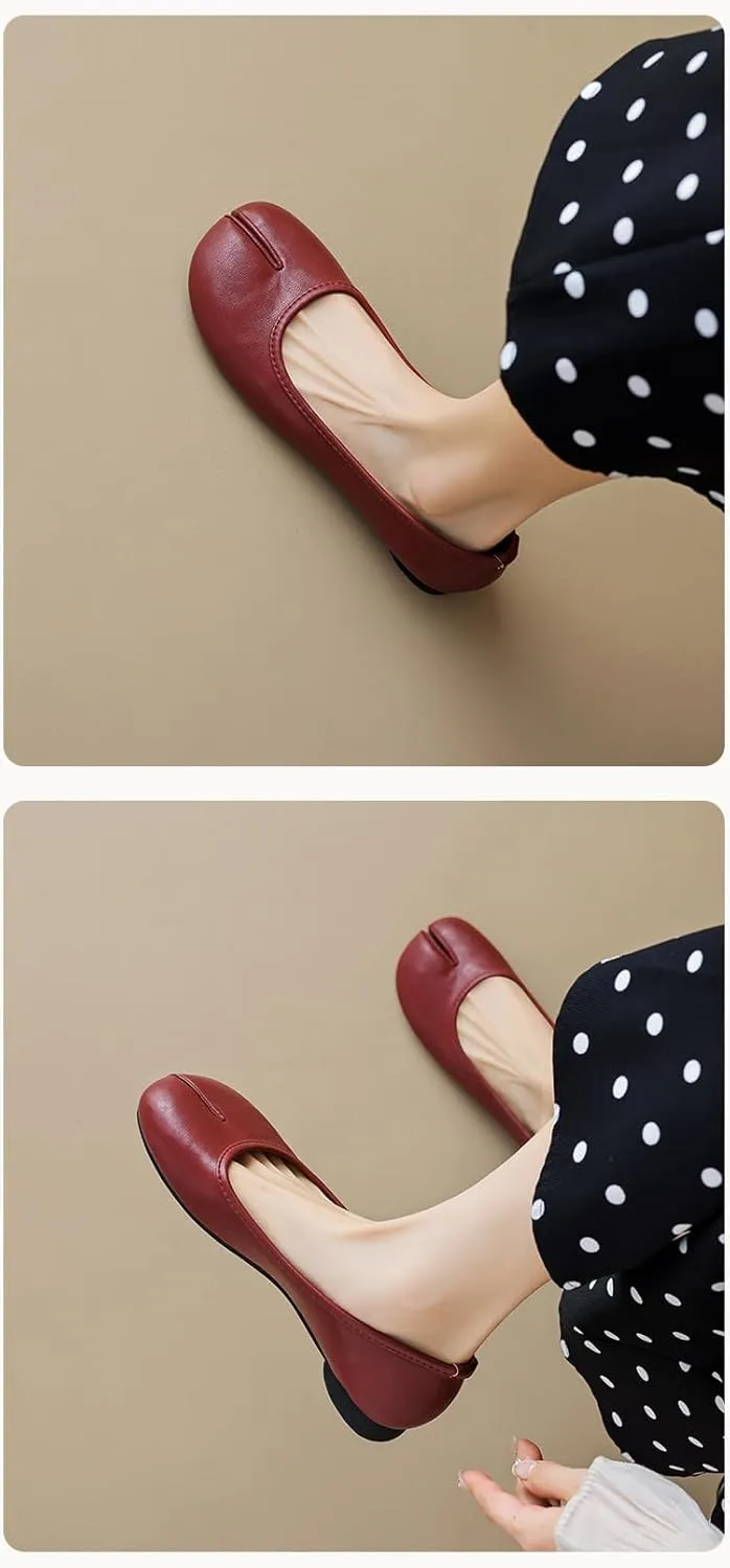 Tabi Shoes Leather Split Toe Cute Slip On For Women Girls Ballet Flat - Trendy Casual Comfortable Walking Lightweight Loafers Female Solid All-Match for Daily Wear Beach Travel Standing All Day