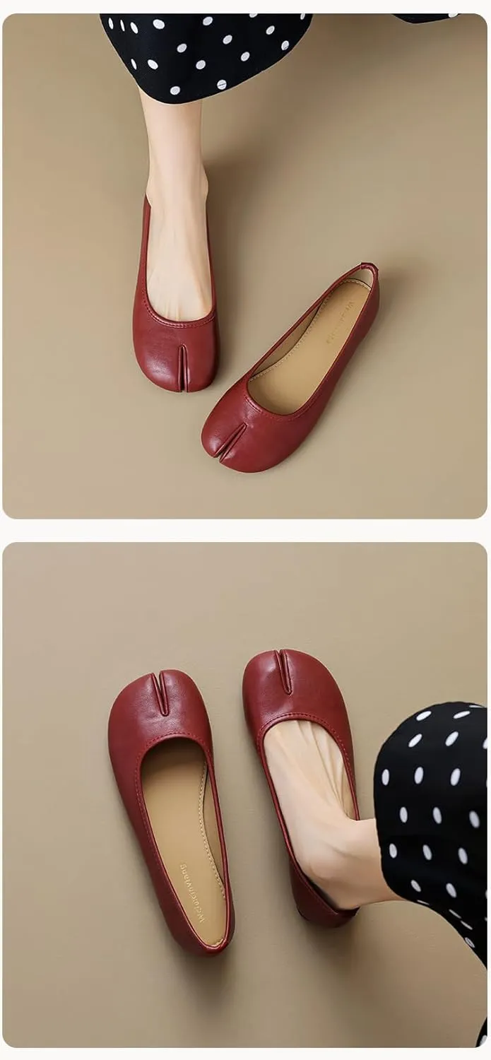 Tabi Shoes Leather Split Toe Cute Slip On For Women Girls Ballet Flat - Trendy Casual Comfortable Walking Lightweight Loafers Female Solid All-Match for Daily Wear Beach Travel Standing All Day