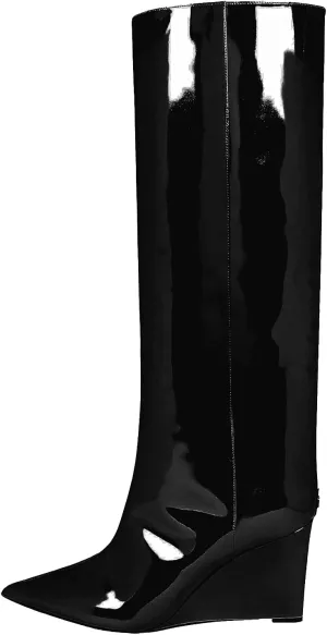 THESHY Womens Pointed Toe Knee High Boot Wedge Metallic High Heel Thigh High Boot Patent Leather Pull on Shoes
