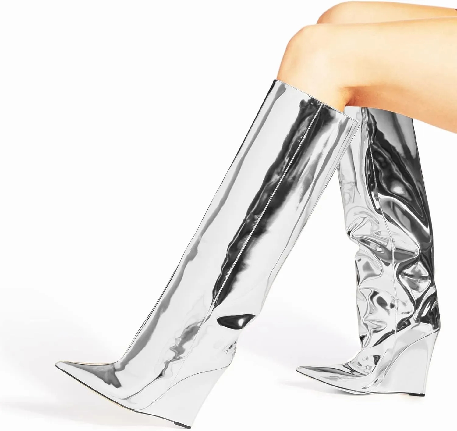 THESHY Womens Pointed Toe Knee High Boot Wedge Metallic High Heel Thigh High Boot Patent Leather Pull on Shoes