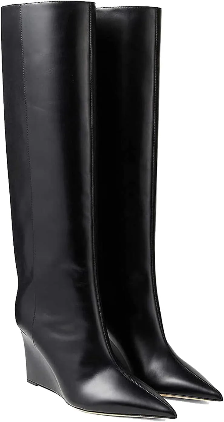THESHY Womens Pointed Toe Knee High Boot Wedge Metallic High Heel Thigh High Boot Patent Leather Pull on Shoes