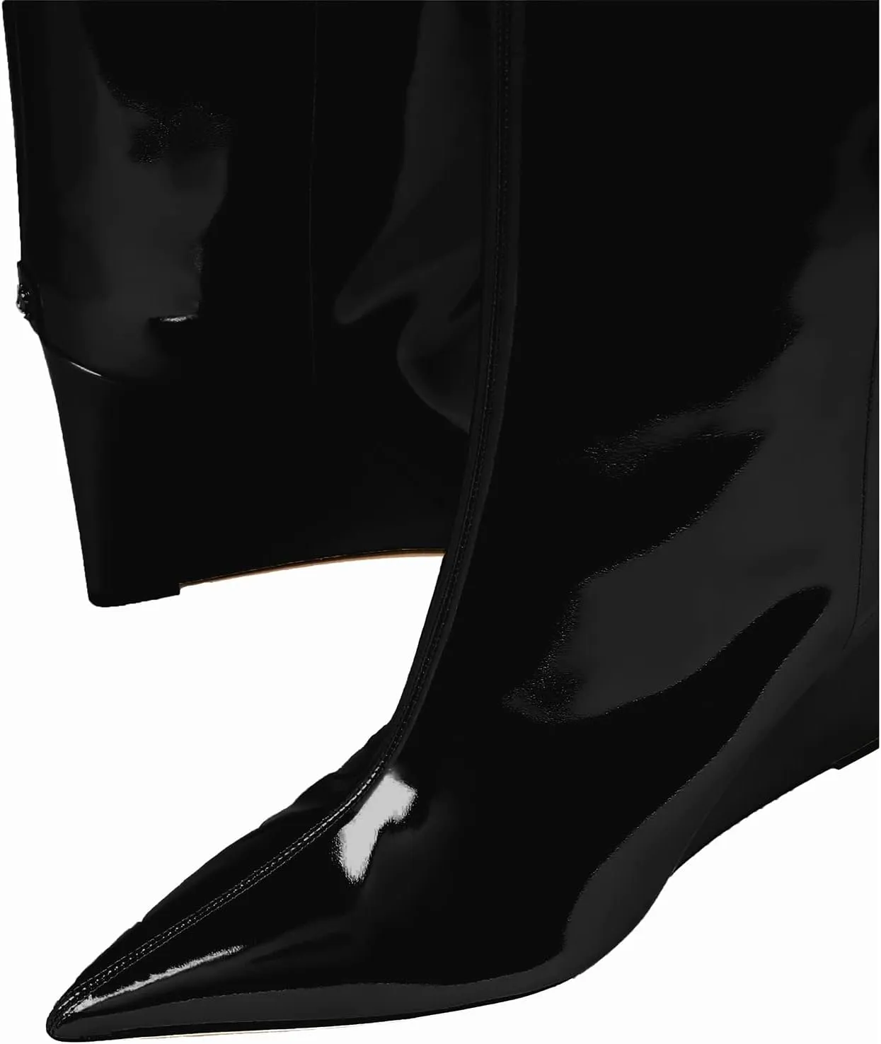 THESHY Womens Pointed Toe Knee High Boot Wedge Metallic High Heel Thigh High Boot Patent Leather Pull on Shoes