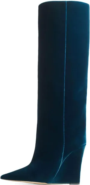 THESHY Womens Pointed Toe Knee High Boot Wedge Metallic High Heel Thigh High Boot Patent Leather Pull on Shoes
