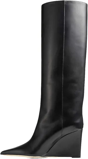 THESHY Womens Pointed Toe Knee High Boot Wedge Metallic High Heel Thigh High Boot Patent Leather Pull on Shoes