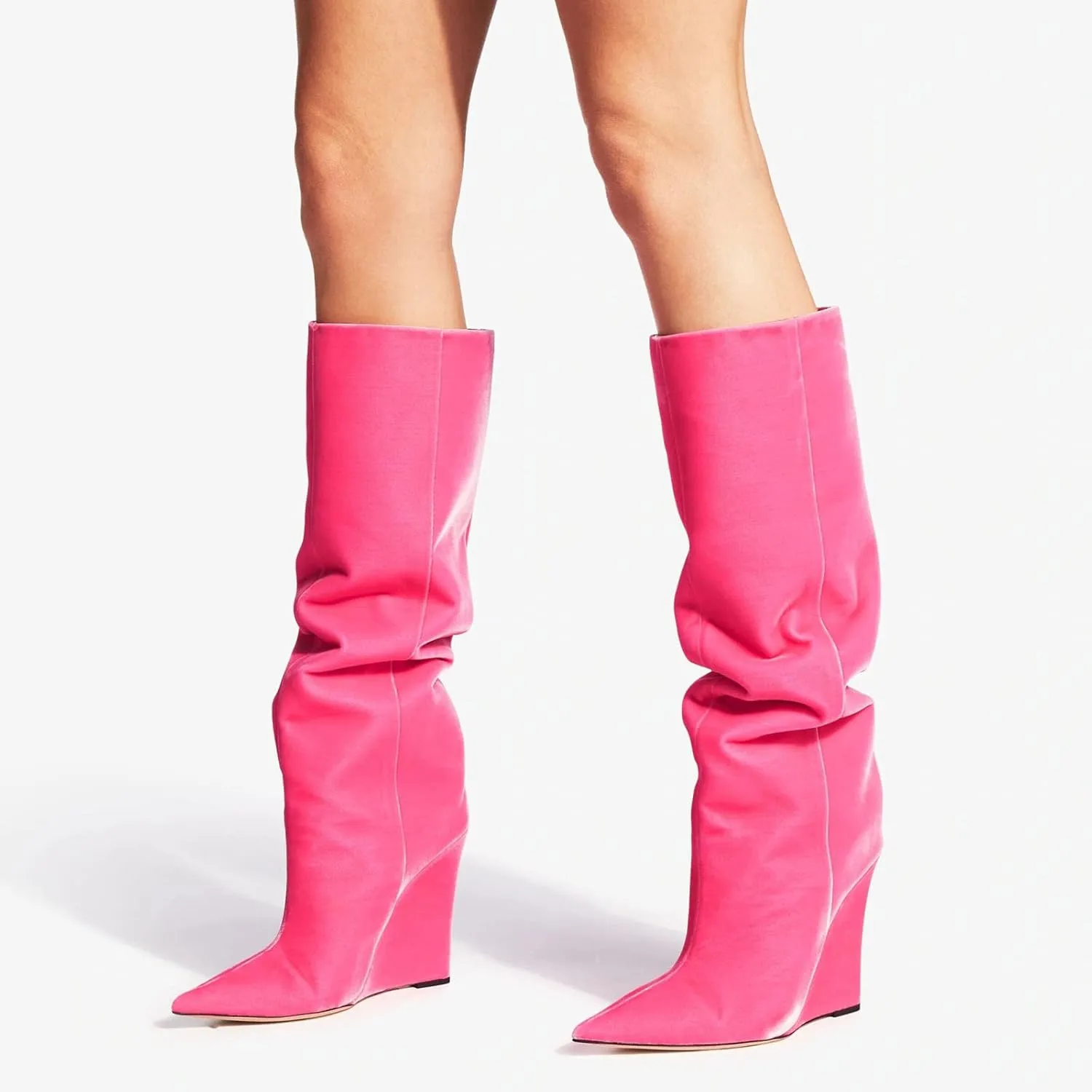 THESHY Womens Pointed Toe Knee High Boot Wedge Metallic High Heel Thigh High Boot Patent Leather Pull on Shoes