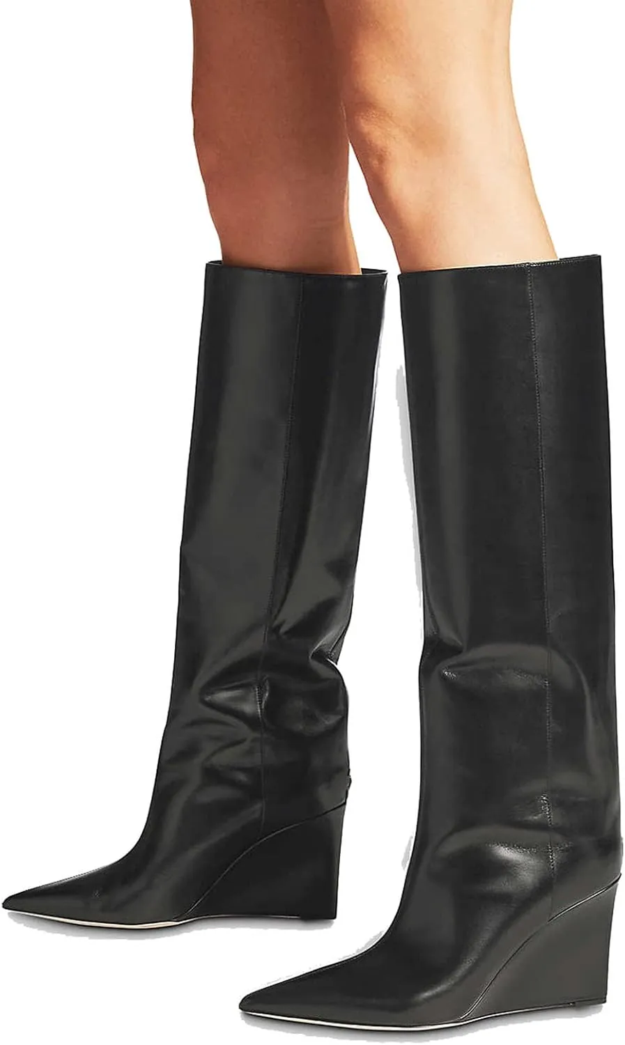 THESHY Womens Pointed Toe Knee High Boot Wedge Metallic High Heel Thigh High Boot Patent Leather Pull on Shoes