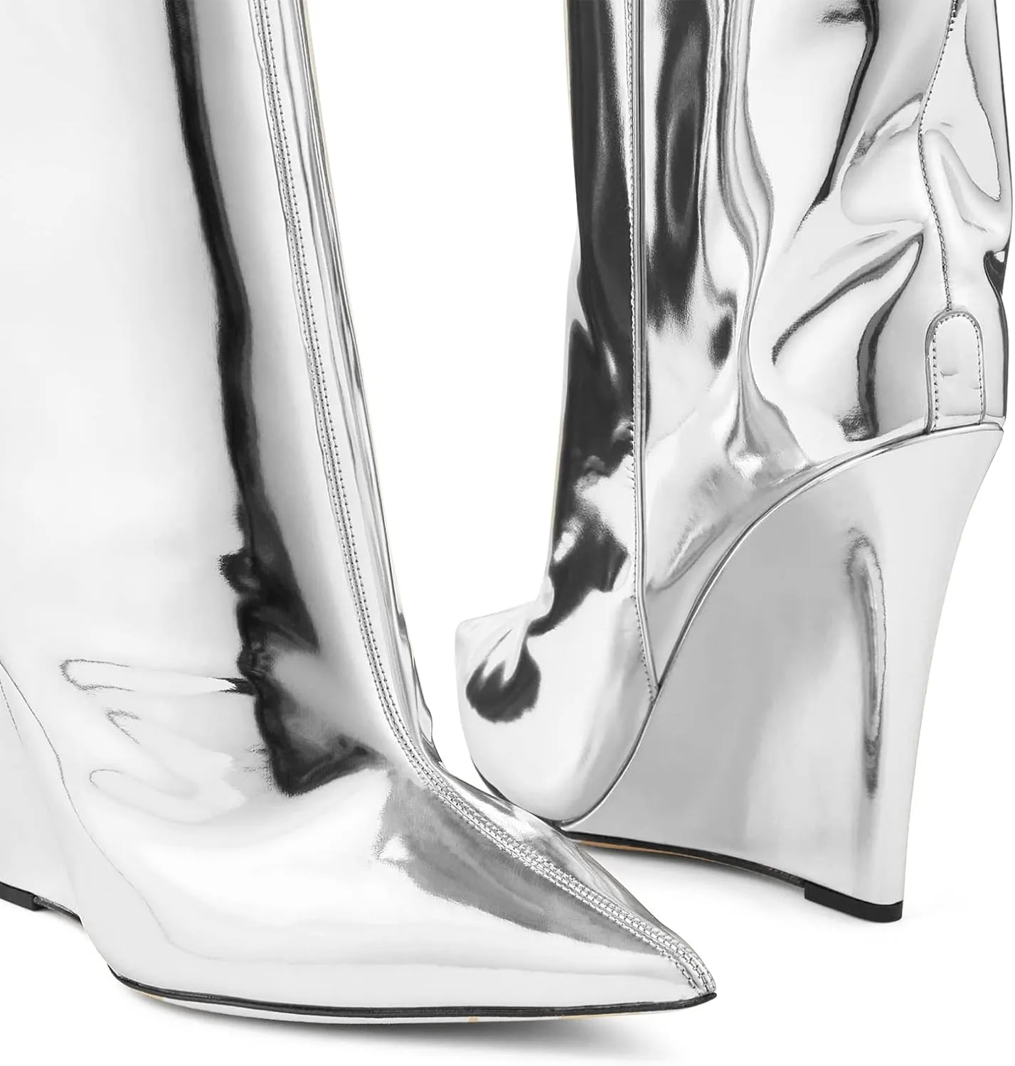 THESHY Womens Pointed Toe Knee High Boot Wedge Metallic High Heel Thigh High Boot Patent Leather Pull on Shoes