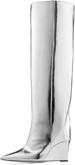 THESHY Womens Pointed Toe Knee High Boot Wedge Metallic High Heel Thigh High Boot Patent Leather Pull on Shoes