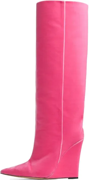 THESHY Womens Pointed Toe Knee High Boot Wedge Metallic High Heel Thigh High Boot Patent Leather Pull on Shoes