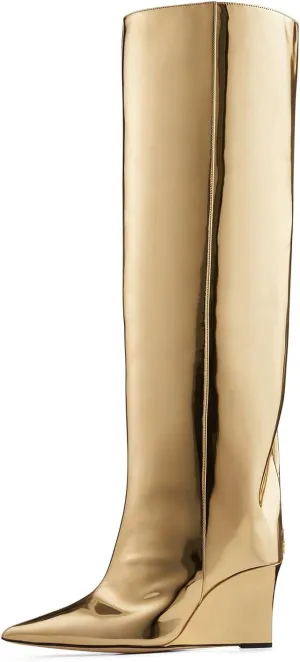 THESHY Womens Pointed Toe Knee High Boot Wedge Metallic High Heel Thigh High Boot Patent Leather Pull on Shoes