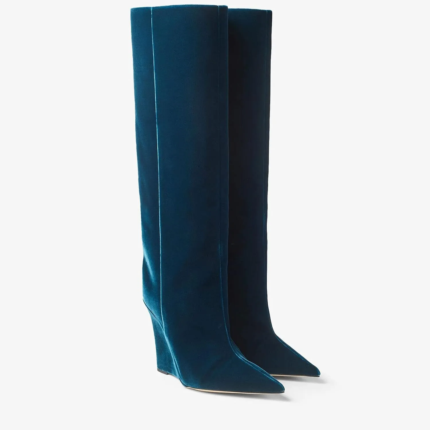 THESHY Womens Pointed Toe Knee High Boot Wedge Metallic High Heel Thigh High Boot Patent Leather Pull on Shoes