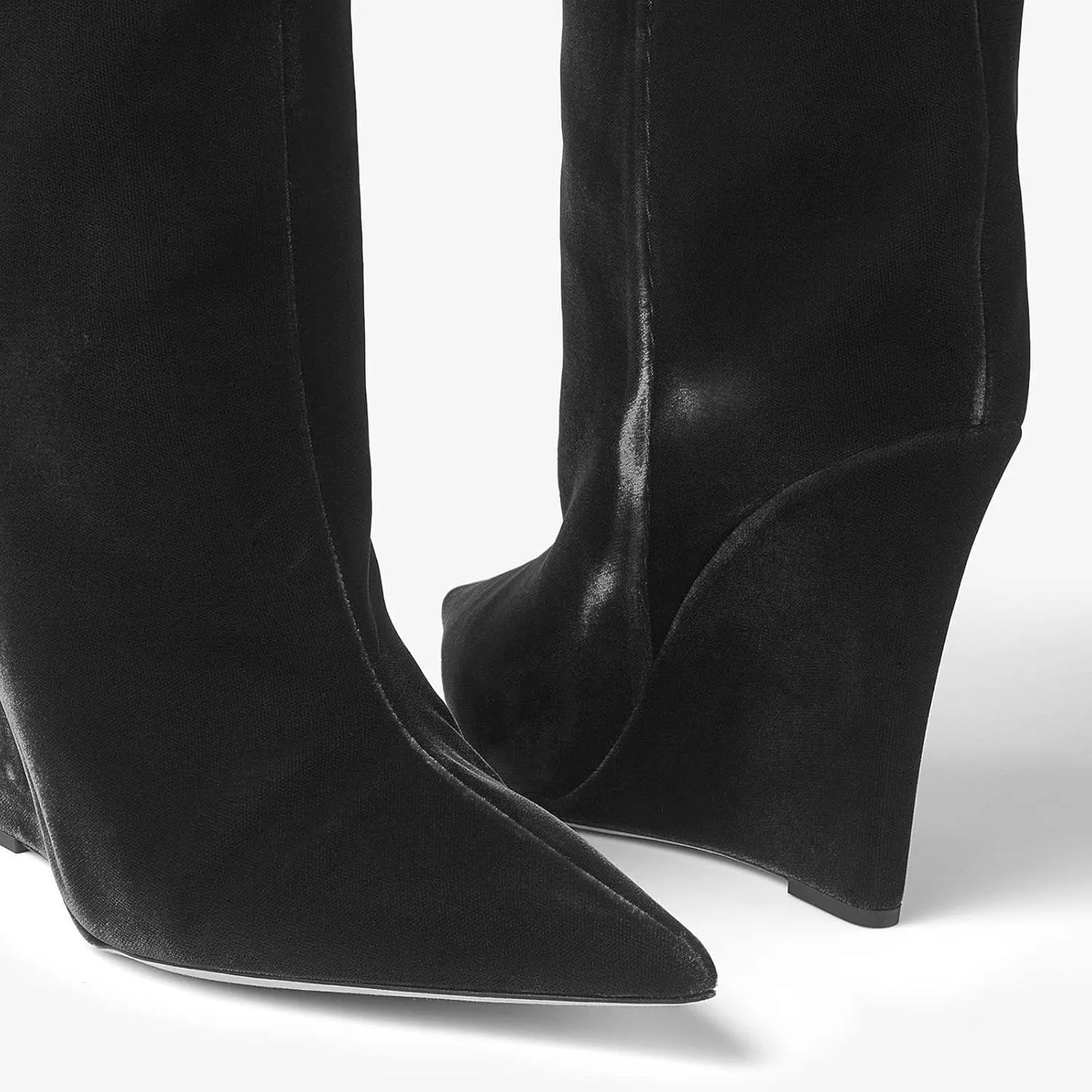 THESHY Womens Pointed Toe Knee High Boot Wedge Metallic High Heel Thigh High Boot Patent Leather Pull on Shoes