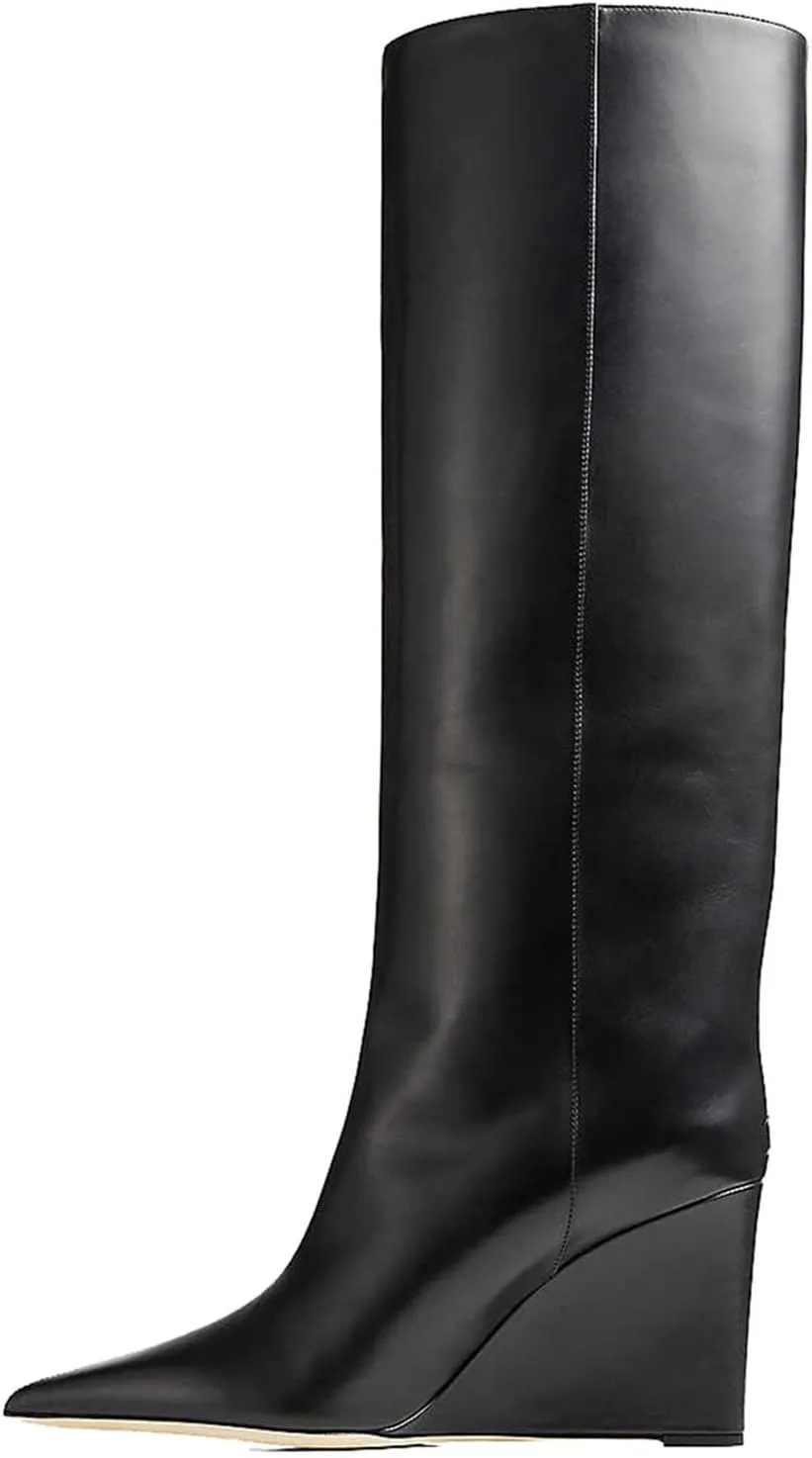 THESHY Womens Pointed Toe Knee High Boot Wedge Metallic High Heel Thigh High Boot Patent Leather Pull on Shoes