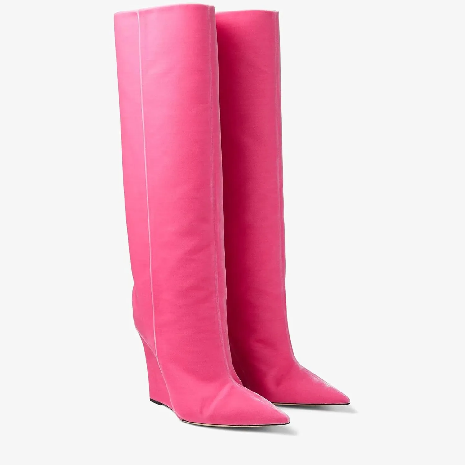 THESHY Womens Pointed Toe Knee High Boot Wedge Metallic High Heel Thigh High Boot Patent Leather Pull on Shoes