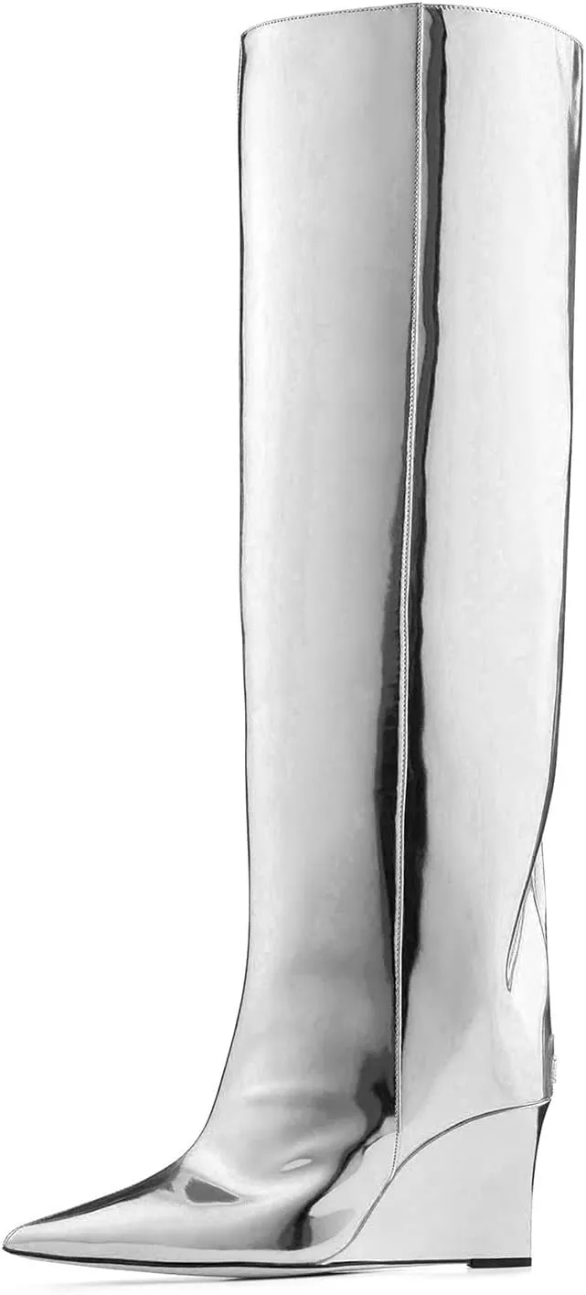 THESHY Womens Pointed Toe Knee High Boot Wedge Metallic High Heel Thigh High Boot Patent Leather Pull on Shoes