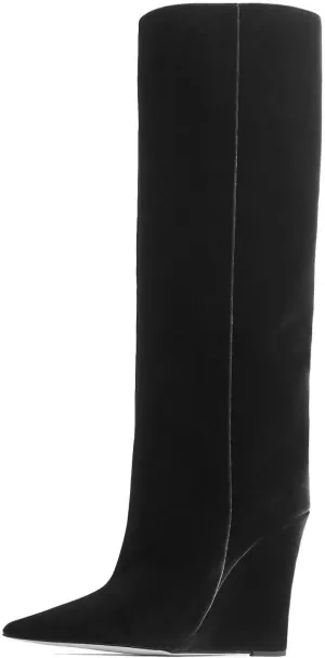 THESHY Womens Pointed Toe Knee High Boot Wedge Metallic High Heel Thigh High Boot Patent Leather Pull on Shoes