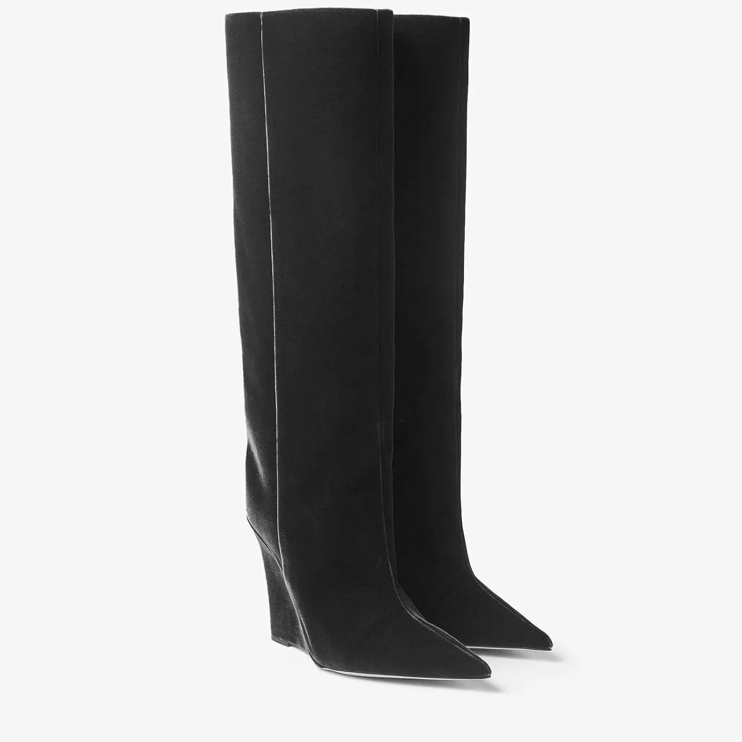 THESHY Womens Pointed Toe Knee High Boot Wedge Metallic High Heel Thigh High Boot Patent Leather Pull on Shoes