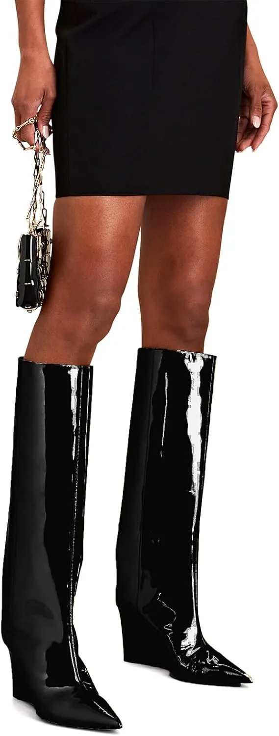 THESHY Womens Pointed Toe Knee High Boot Wedge Metallic High Heel Thigh High Boot Patent Leather Pull on Shoes