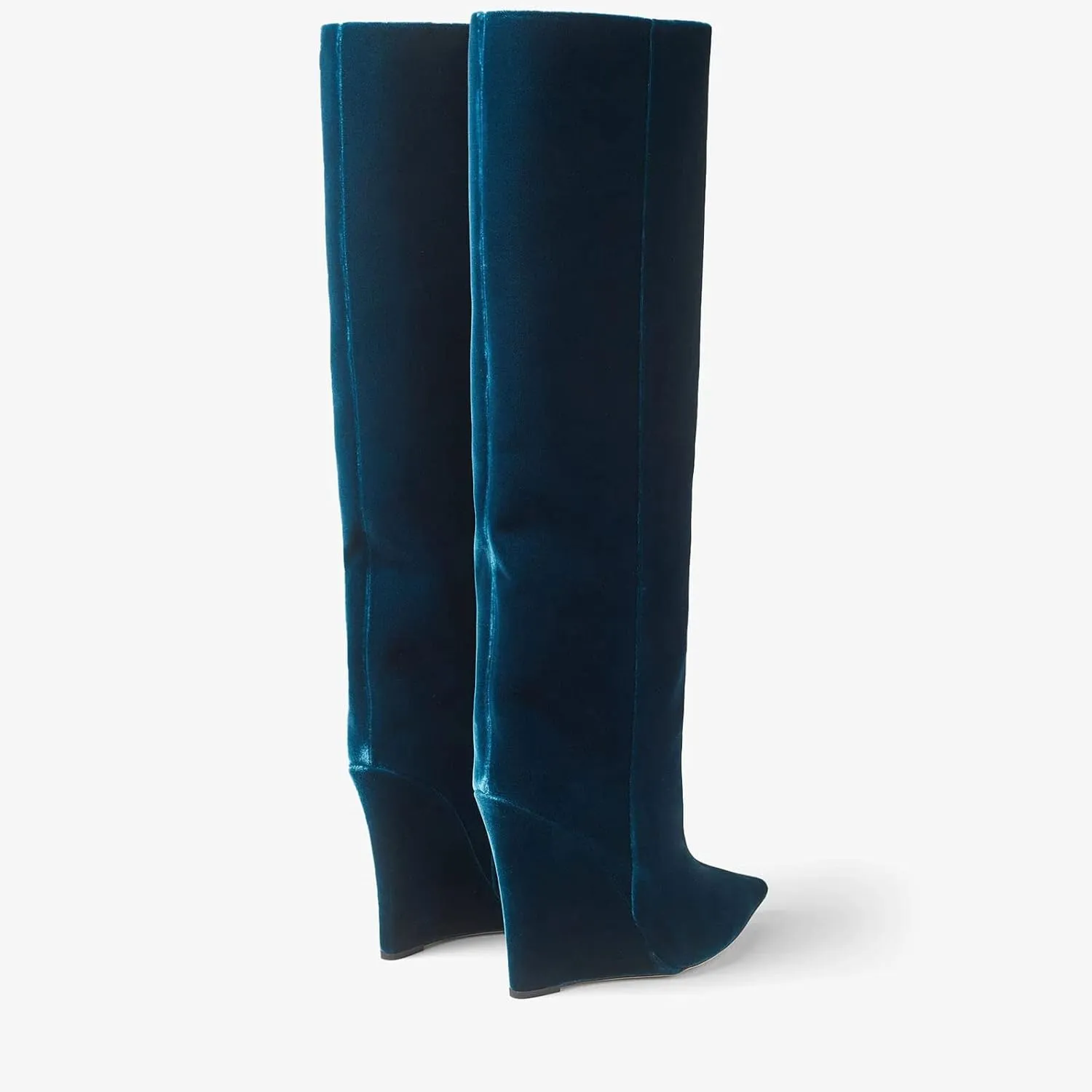 THESHY Womens Pointed Toe Knee High Boot Wedge Metallic High Heel Thigh High Boot Patent Leather Pull on Shoes