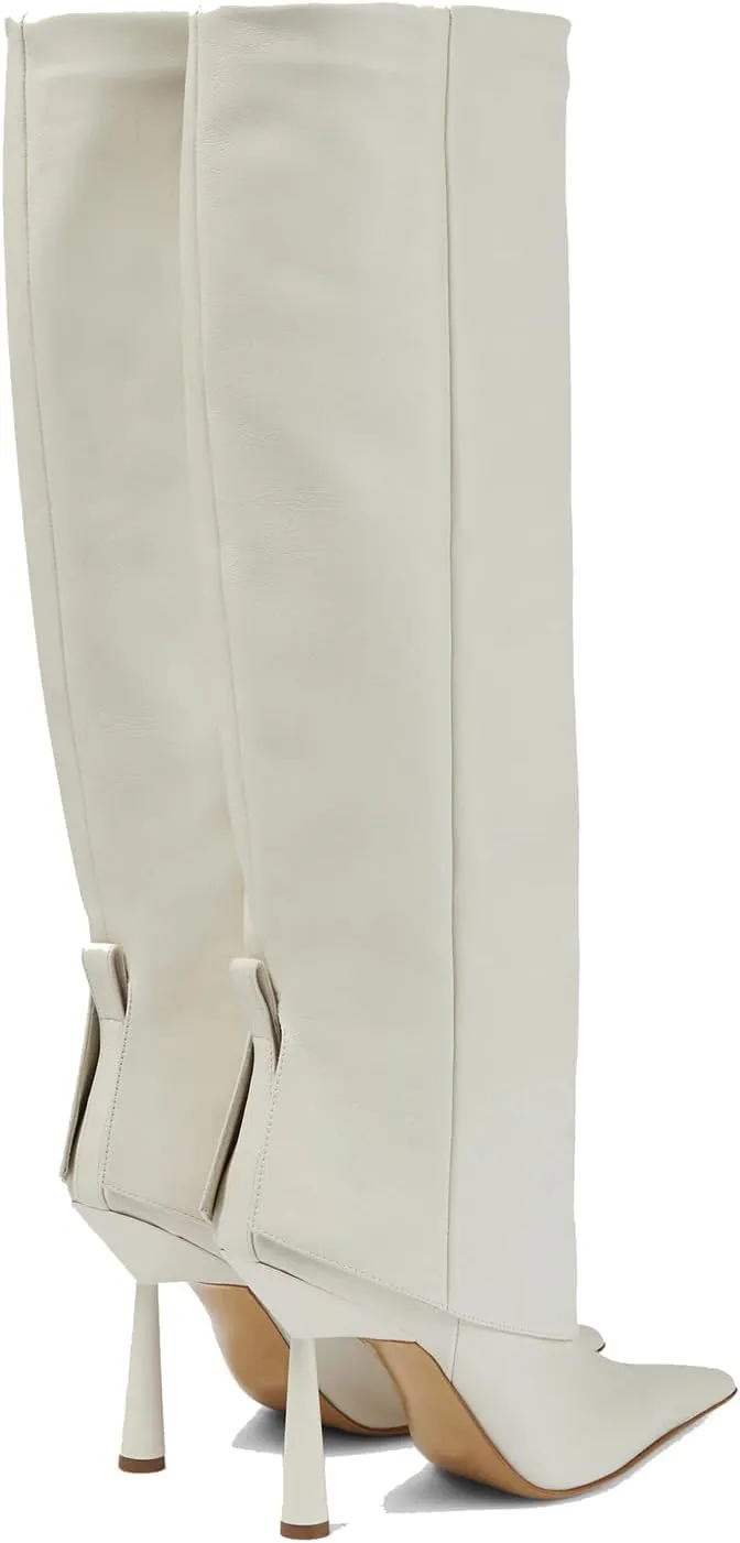 THESHY Women's Pointed Toe Leather Knee High Boots Stiletto High Heel Fold Over Boot Pull-on Shoes