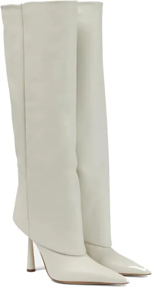 THESHY Women's Pointed Toe Leather Knee High Boots Stiletto High Heel Fold Over Boot Pull-on Shoes