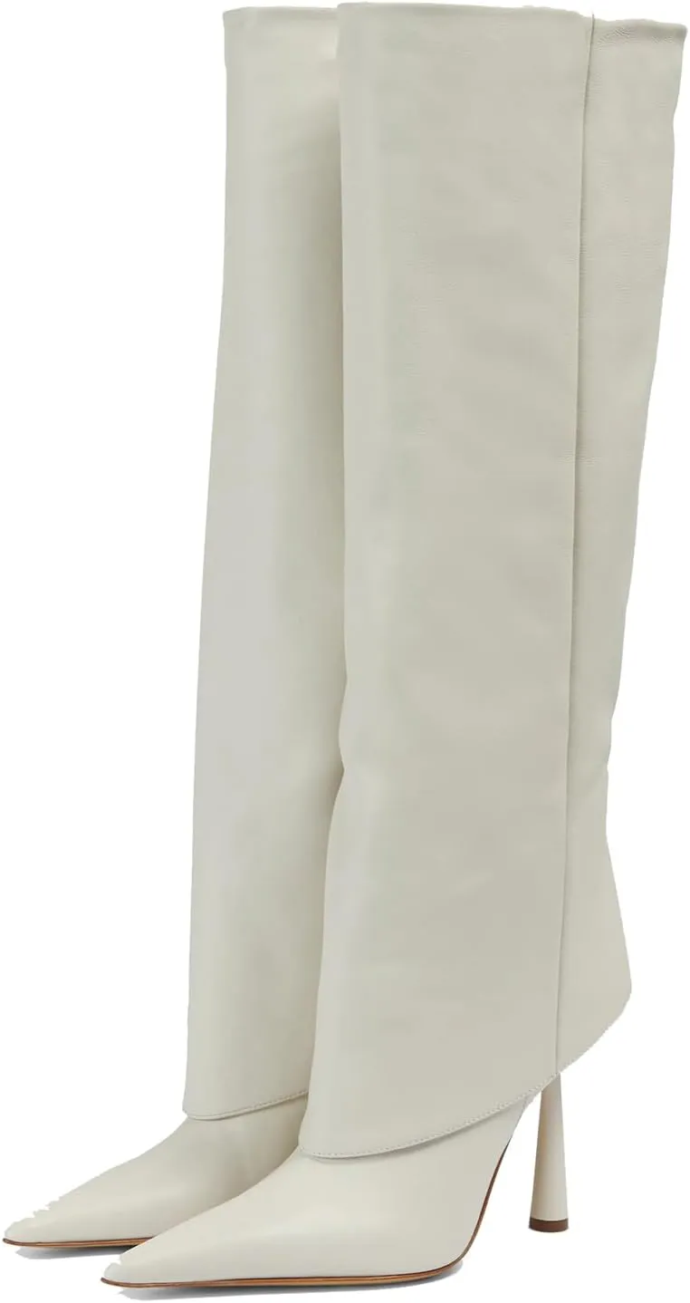 THESHY Women's Pointed Toe Leather Knee High Boots Stiletto High Heel Fold Over Boot Pull-on Shoes