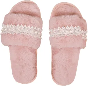 Verdusa Women's Pearls Open Toe Fuzzy House Slippers Faux Fur Bedroom Shoes