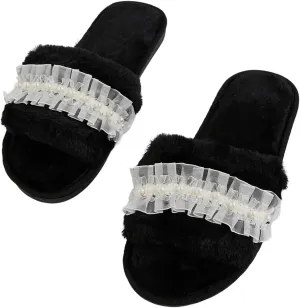 Verdusa Women's Pearls Open Toe Fuzzy House Slippers Faux Fur Bedroom Shoes