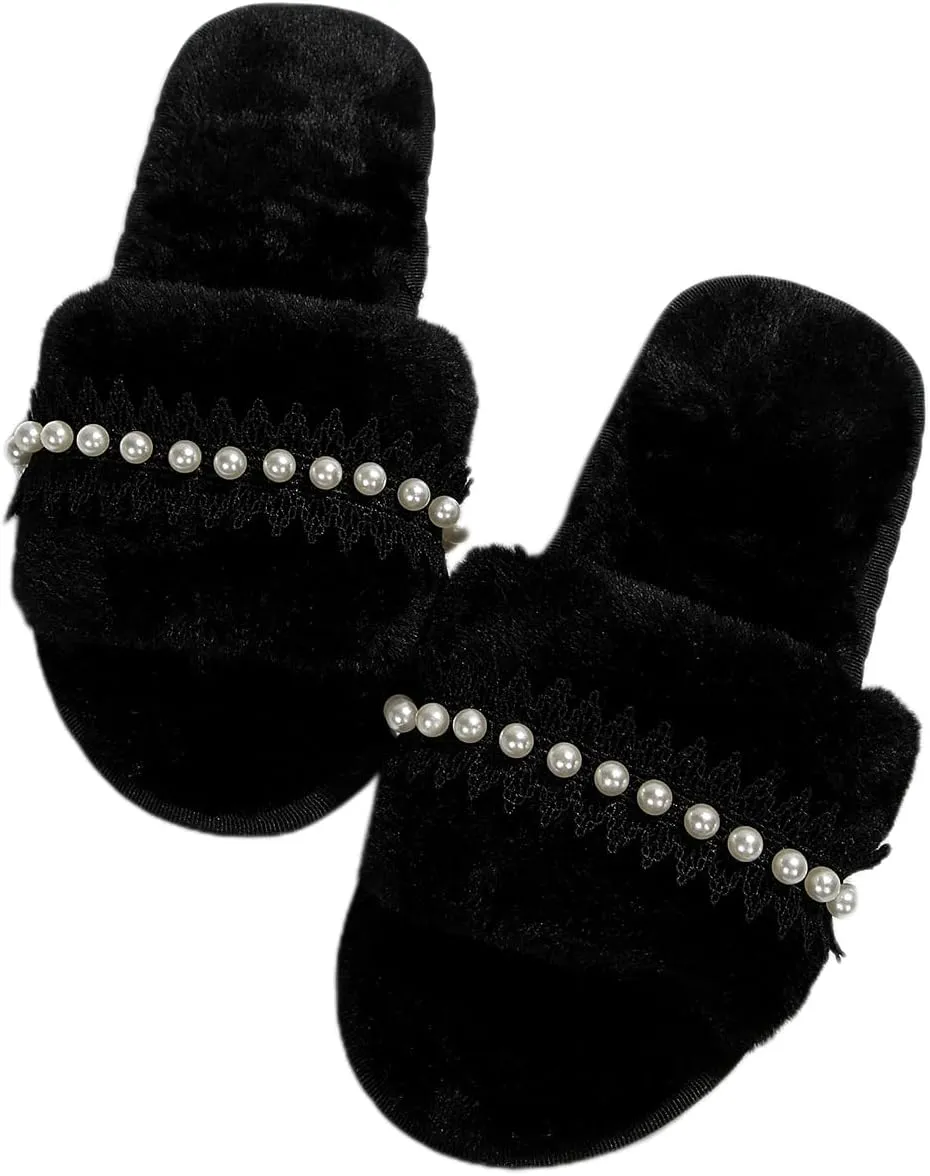 Verdusa Women's Pearls Open Toe Fuzzy House Slippers Faux Fur Bedroom Shoes
