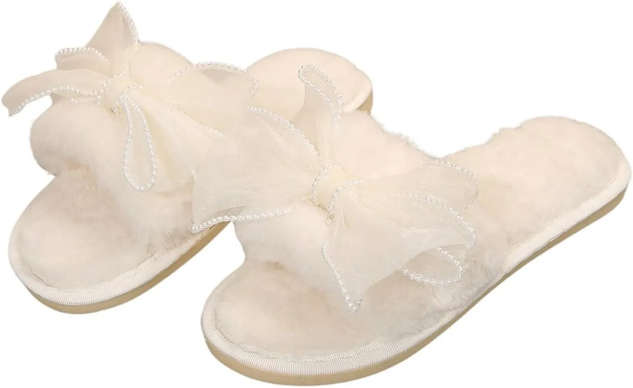 Verdusa Women's Pearls Open Toe Fuzzy House Slippers Faux Fur Bedroom Shoes