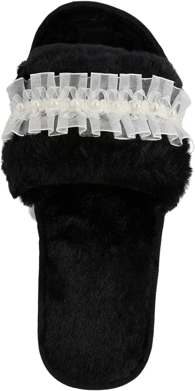 Verdusa Women's Pearls Open Toe Fuzzy House Slippers Faux Fur Bedroom Shoes