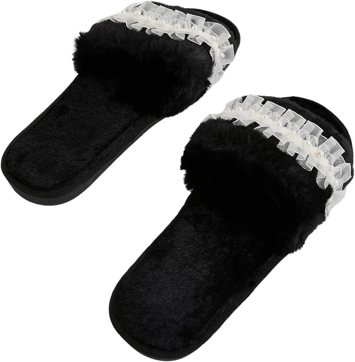 Verdusa Women's Pearls Open Toe Fuzzy House Slippers Faux Fur Bedroom Shoes